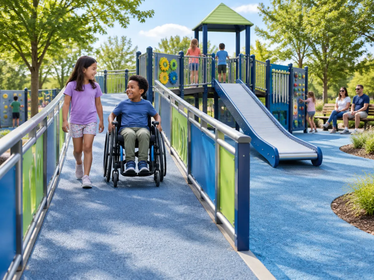 Illustration: an inclusive playground with a wide ramp to the play deck, rubber surfacing and a child in a wheelchair playing next to a friend